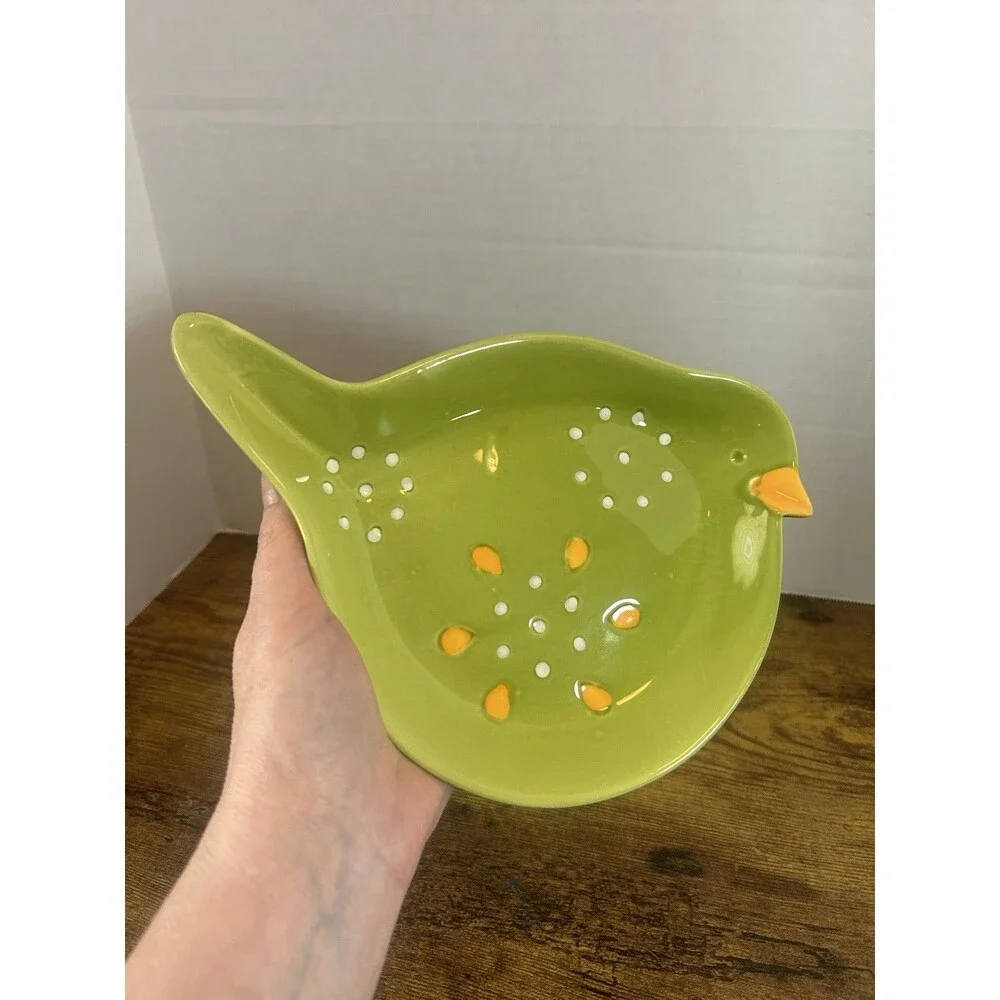 Pier 1 Imports Green Bird Ceramic Colander Trinket Dish Hand Painted Decor VTG